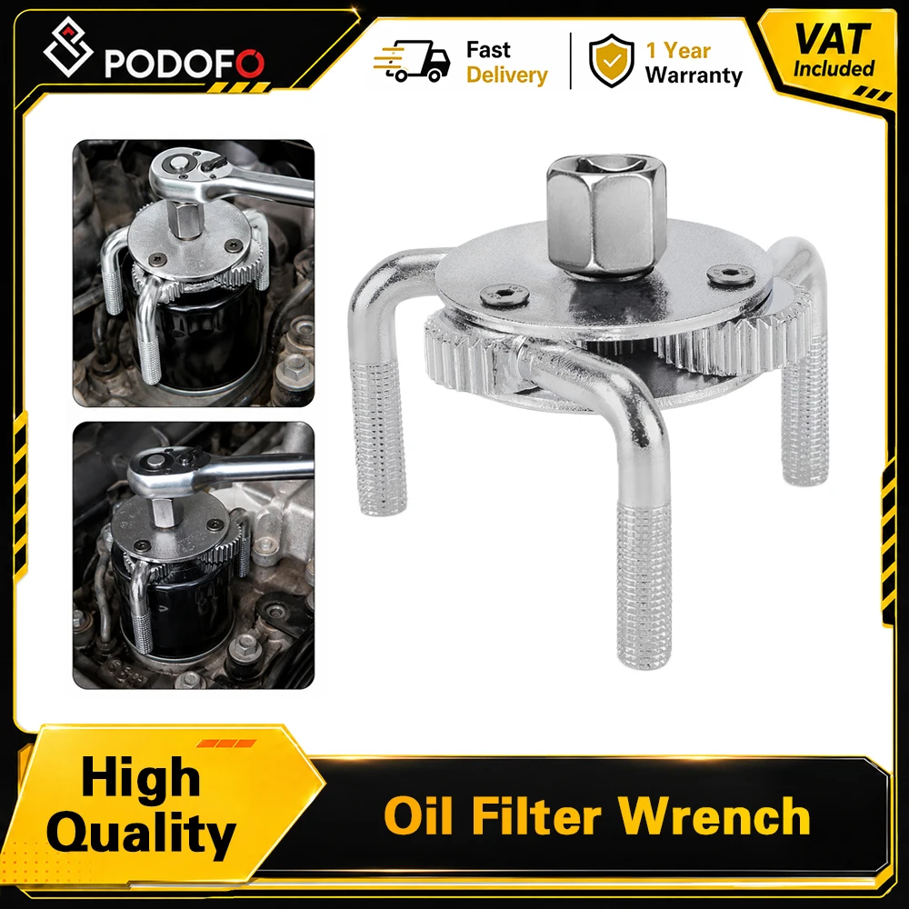Podofo Universeller Verstellbarer 3-Klauen-Ölfilterschlüssel, Ölfilter-Entfernungswerkzeug, Verchromter Stahl, Zweiwege-Autolock, Rutschfeste Gerändelte Kiefer, 76mm-140mm, Passend für 3/8 1/2 Ratsche