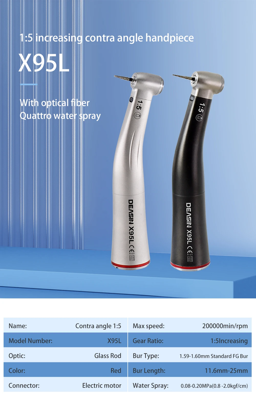 Dental 1:5 Niedrigdrehzahl-Druckknopf-Winkelstück mit Glasfasersystem, 4-Loch-Wasserspray, roter Ring – Detail 1