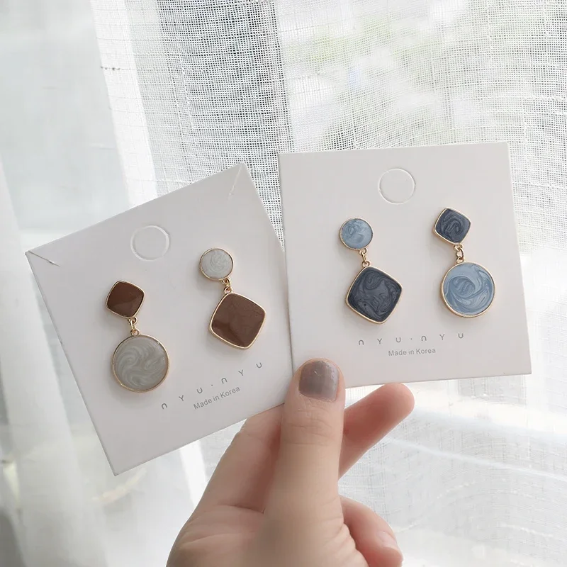 Asymmetrical Temperament Simple Round Oil Drop Blue Clip on Earrings Retro Enamel Geometric Square Round Clip Earrings Female