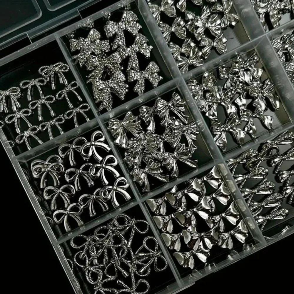 120 Teile/schachtel 3D Silber Exquisite Bowknot Nagel Charms Einfache Legierung Band Bowtie Nail art Dekorationen DIY Luxus Maniküre Zubehör – Detail 4