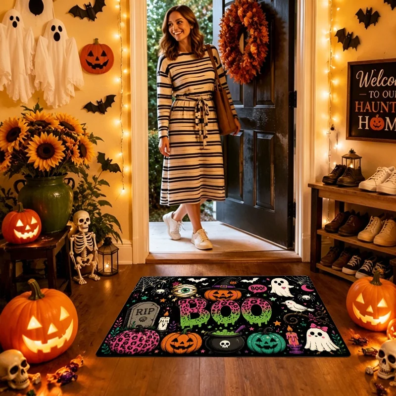 Boo Leopard Pumpkin Halloween Doormat, Ghost Candle Print Entry Mat, Spooky Season Front Door Decor Rug