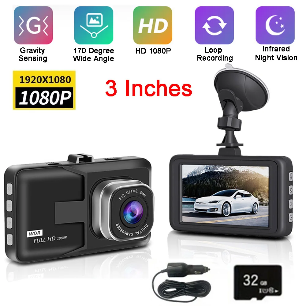 1080P HD Dash Recorder 3-inch Screen Dashcam Vehicle Video Recorder 24h 170° Wide Angle Night Vision Car Camera Cycle Recording
