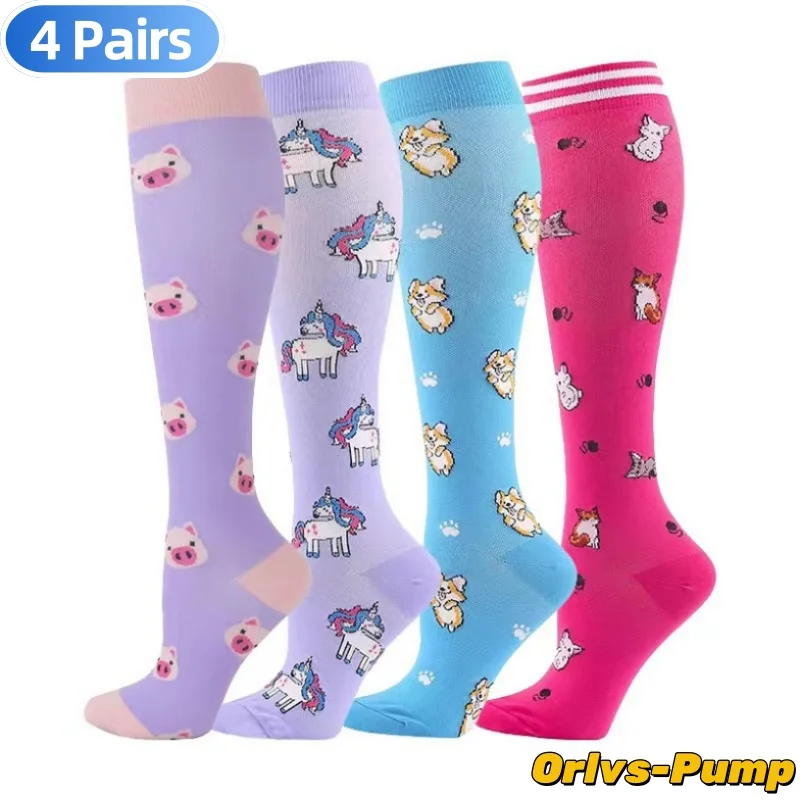 4Pairs Animal Fruit Compression Socks Best Medical Knee High 15-20 Mmhg Medical Nursing Nylon Running Men Women Compression Sox