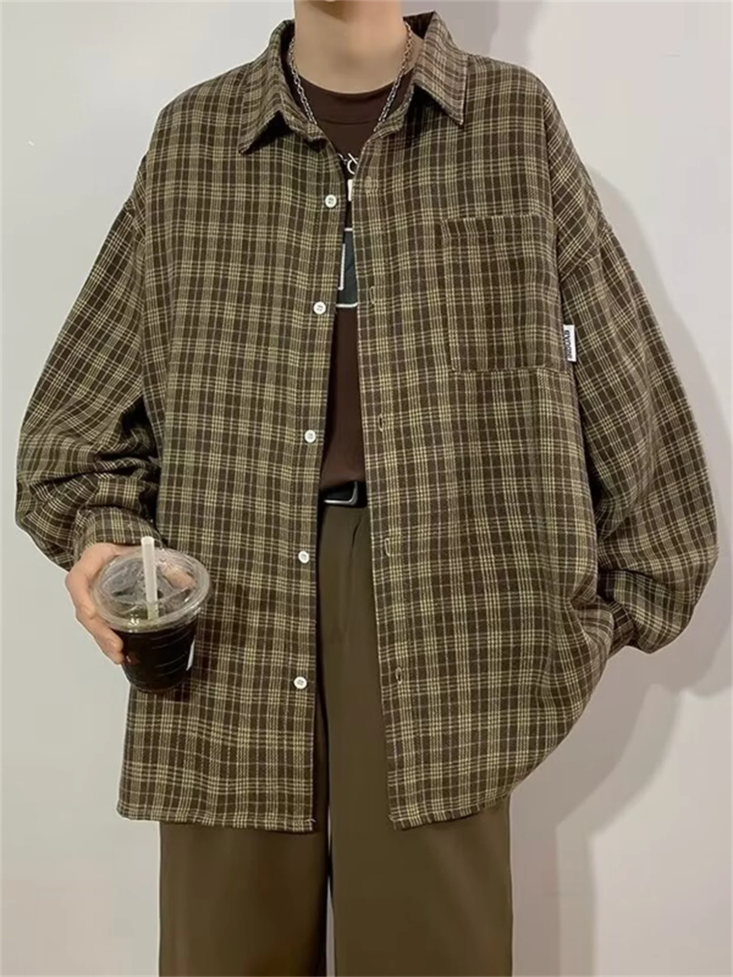 

Retro Japanese Plaid Shirt Men's American Loose Layering Versatile Couple's Outfit Long Sleeve Casual Style Sun Protection