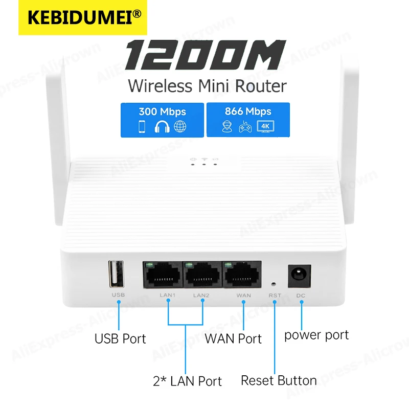 

1200Mbps Dual Band Wireless Router AC1200 WiFi Repeater High Gain 5dBi Antennas Wider Coverage Mesh Networking for Home Office