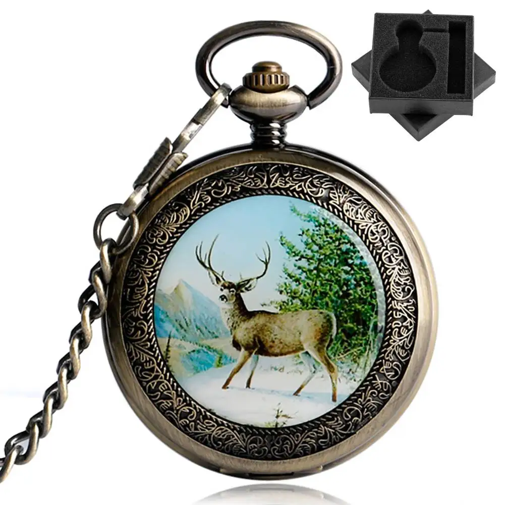 Серебряные/бронзовые ретро механические карманные часы с ручным заводом, декор с рисунком оленя, полный брелок-цепочка для охотника, кулон, часы, рождественский подарок