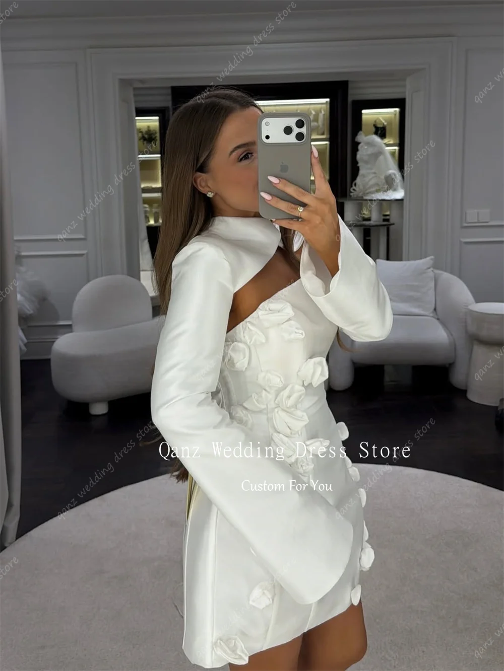 Qanz Short Wedding Dress With Jacket Long Sleeves Ivory Satin Vestidos De Novia 3D Handmade Flowers Bridal Gowns Customized