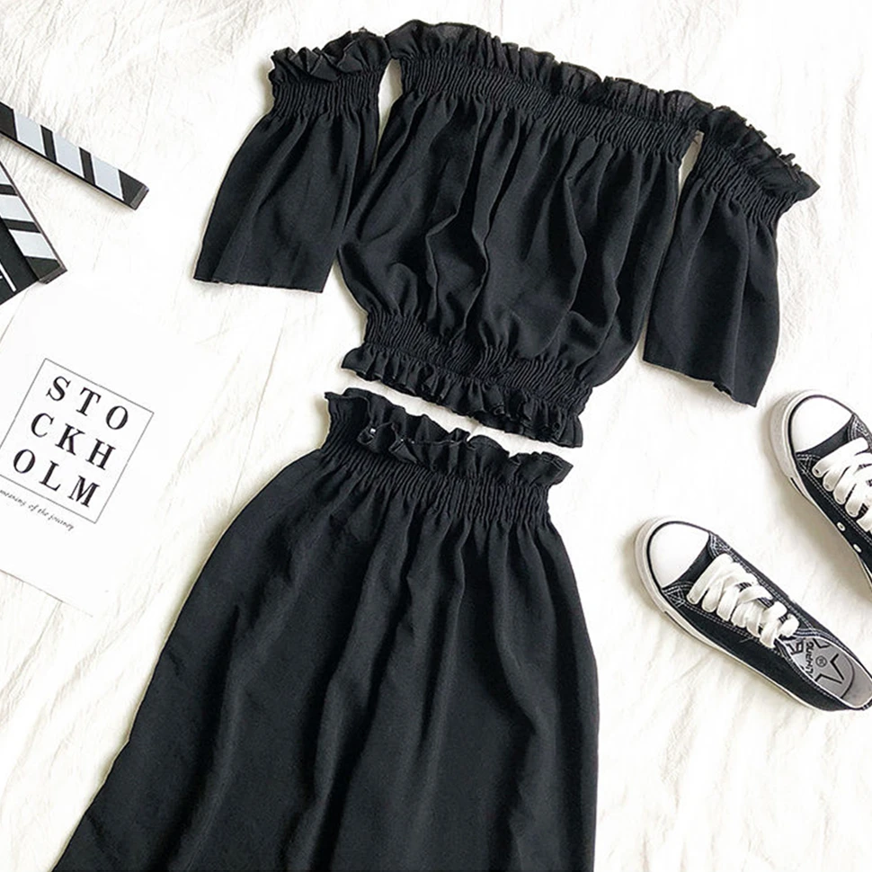 Short Sleeved Off Shoulder Exposed Navel Waist Collection Crop Top+Flower Bud Elastic Waist Wide Leg Pants Sets Summer Sweet