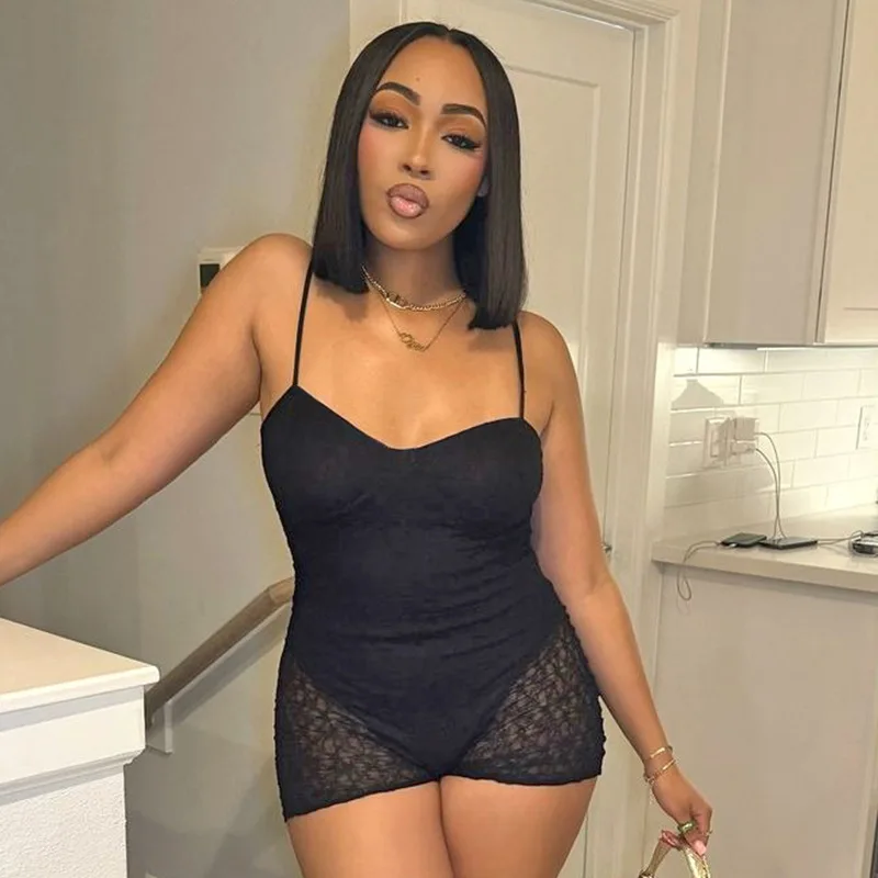 

Combhasaki Women Casual Slim Fit Short Jumpsuits Summer Floral Lace See-through Sheer Patchwork Backless Bodysuits Playsuits