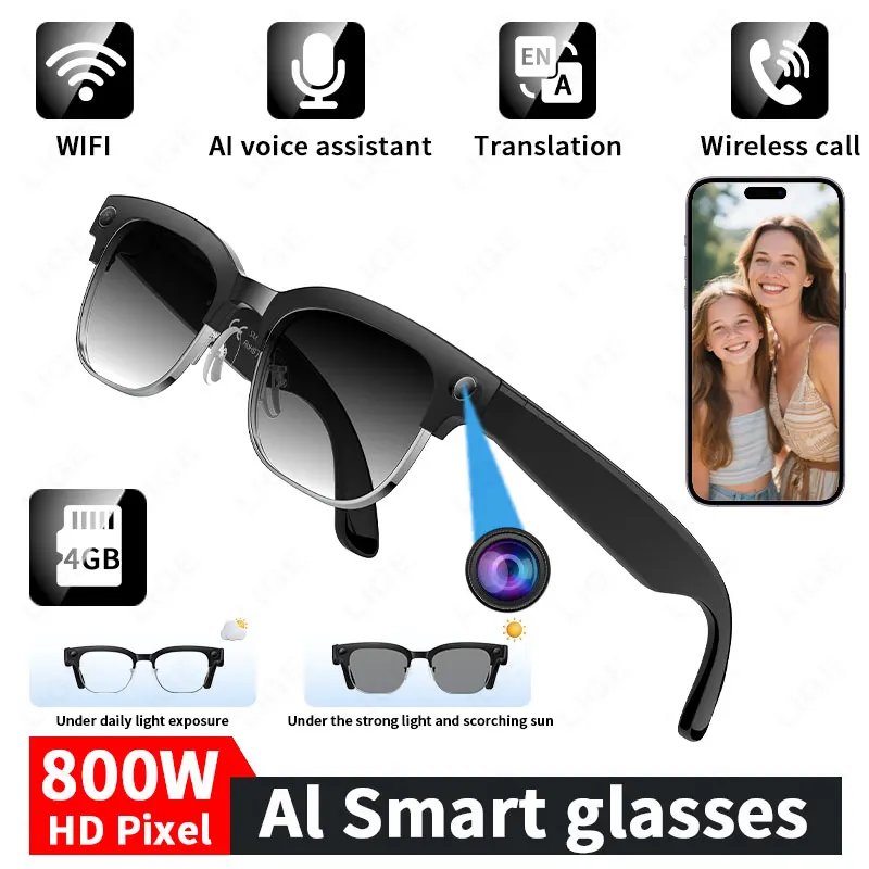 

New AI Smart Glasses 4GB Memory Multifunctional Camera 800W Bluetooth Call Voice Assistant Music Translate Photochromic Glasses