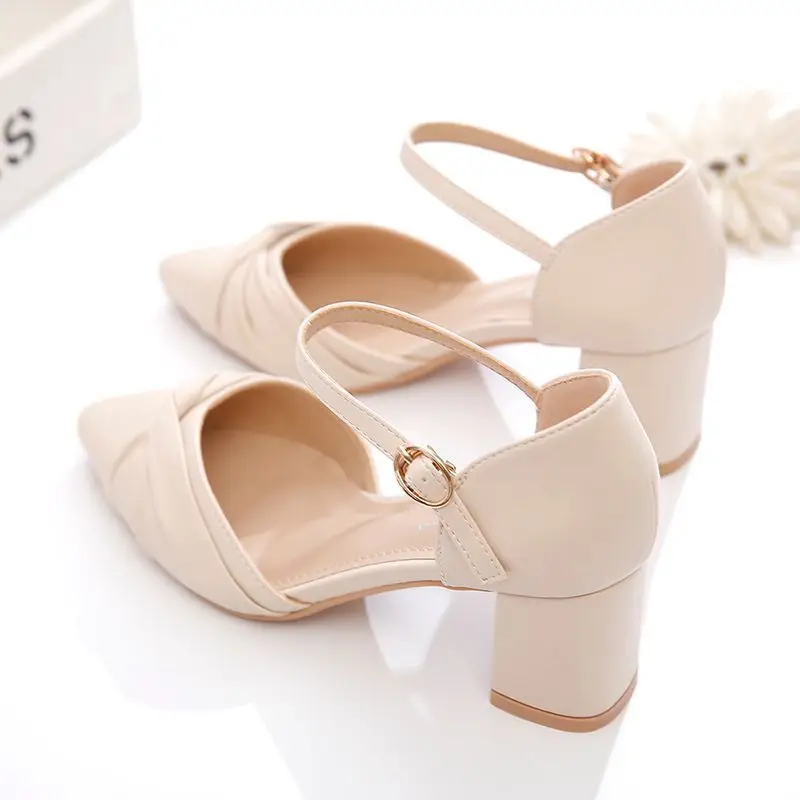 Women\'s Sandals Pointed Toe Ladies Shoes Closed Dress Buckles Square Heels Half or Chic and Elegant High Quality Designer Daily