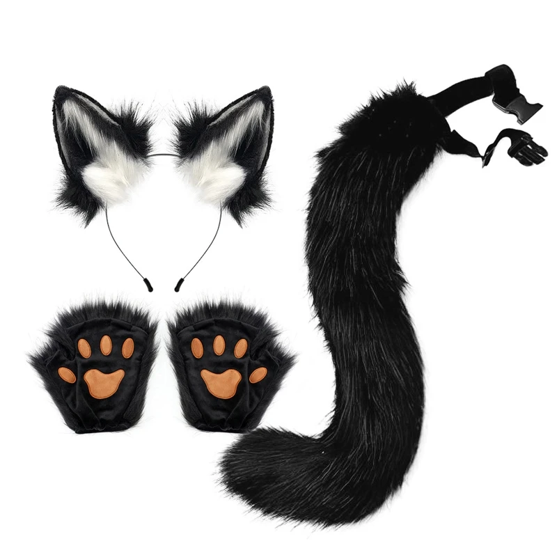 Fox Costume Set Fox Ears Tail Paw Gloves Animal Fancy Costume Kit Accessories for Adults Halloween Cosplay Costumes