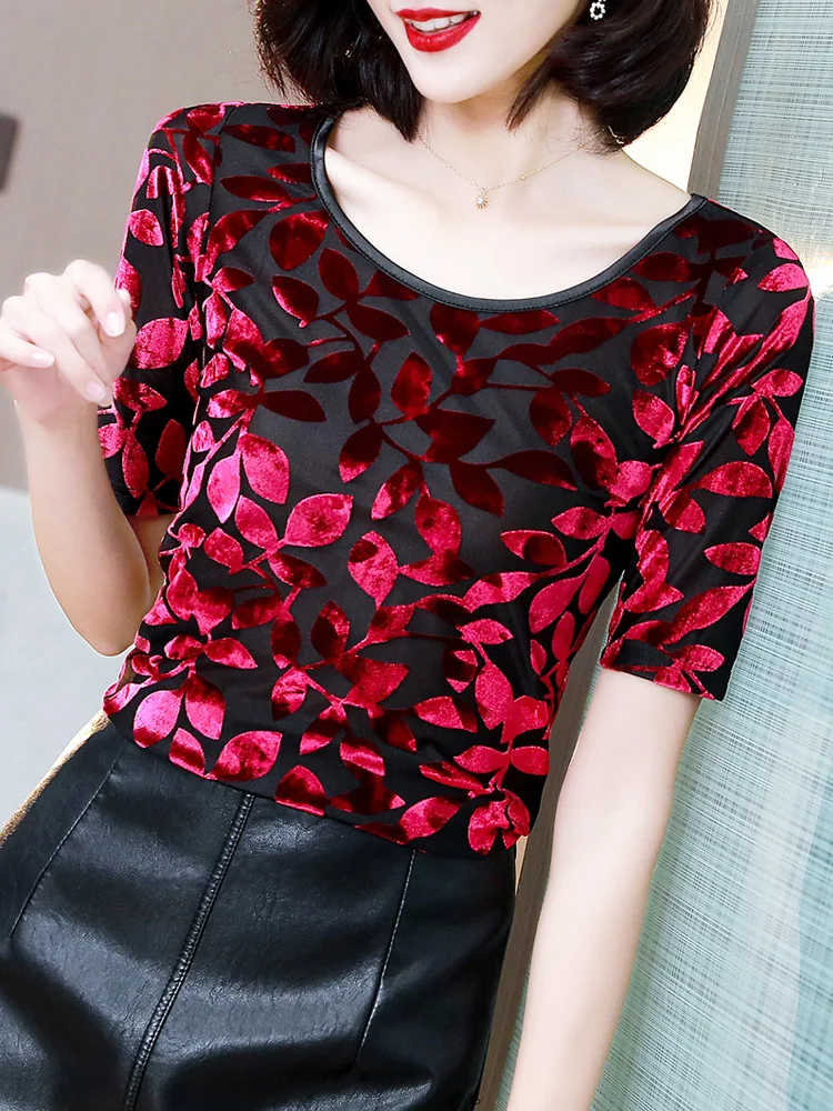 2024 New Product Mesh Female Printed Leaves T-shirt Spring Summer Woman M-3XL Half Sleeves Slim O-neck Charming Chic