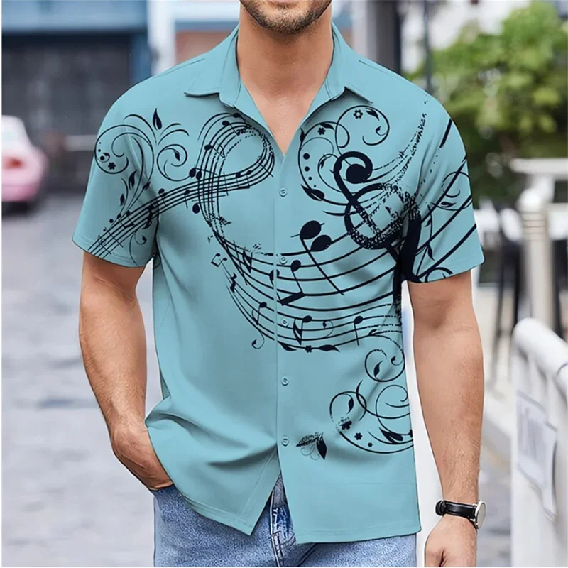 Men\'s music printed Hawaiian shirt, casual oversized street short sleeved shirt, comfortable and soft, various colors of summer