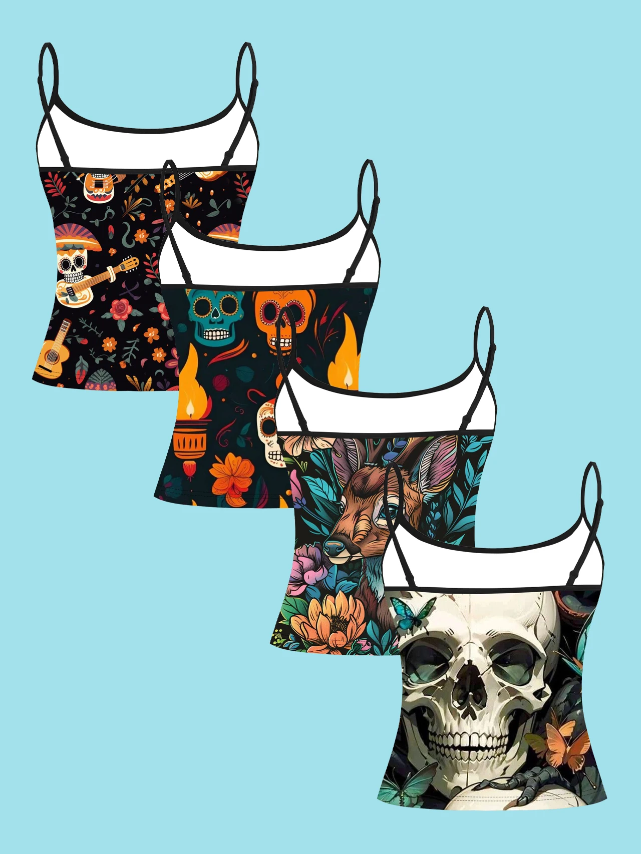 4-Piece Set of Day of the Dead Sugar Skull Women's Camisoles, Mexican Guitar Floral Deer Butterfly Skull Print Slim-Fit Spaghetti Strap Short Camisole Tops