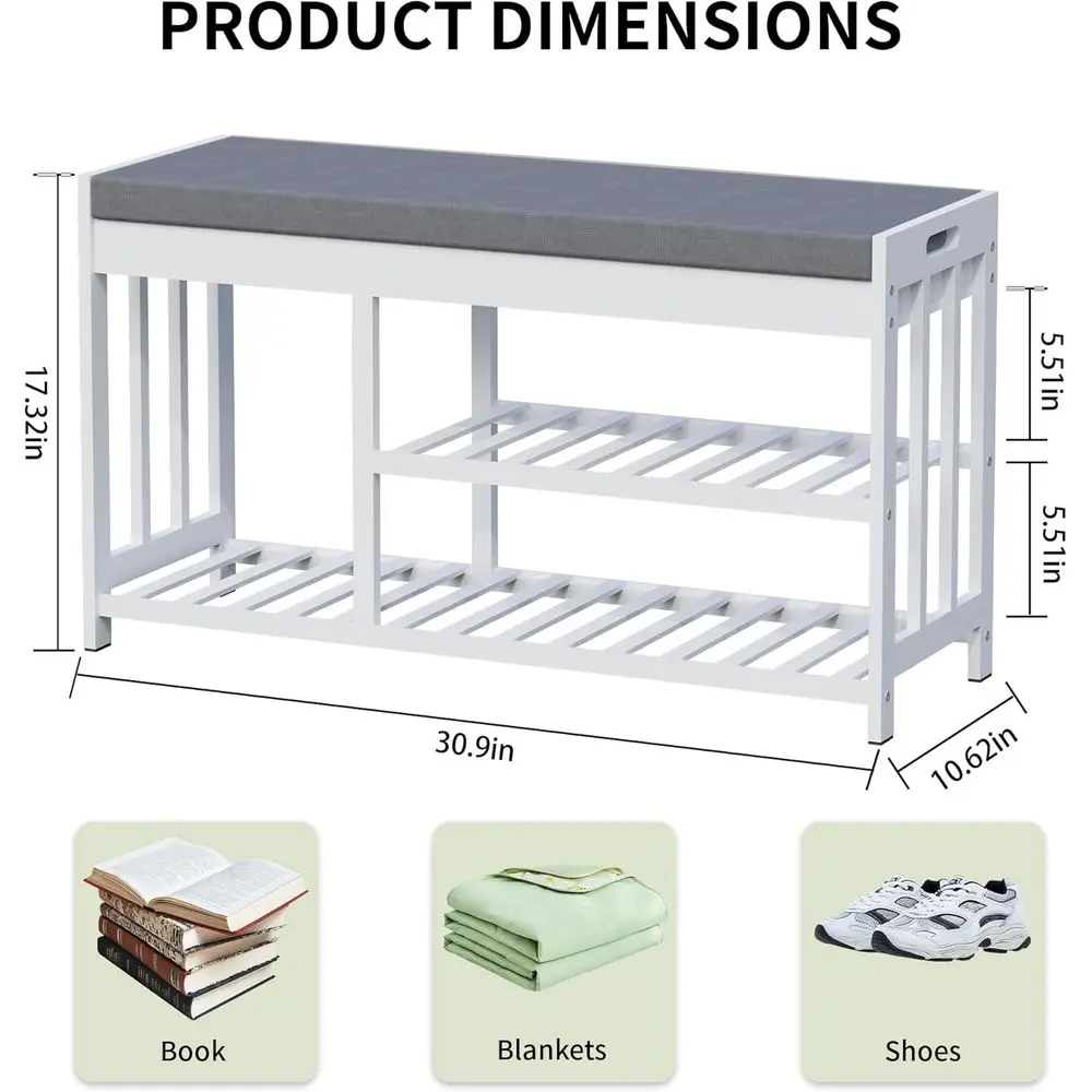 White 2-Tier Shoe Storage Bench with Cushion and Flip-Top for Entryway, Hallway, and Bedroom