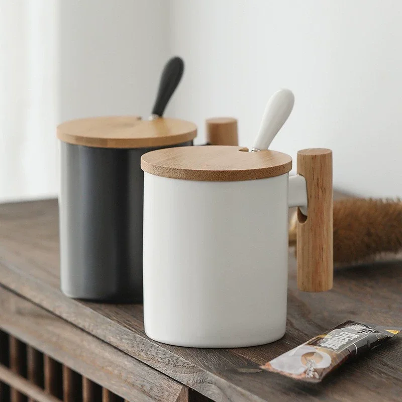 Creative 310ml Ceramic Coffee Mug with Wooden Handle & Lid Milk Cup Couple's Mug Office Kitchen Water Cup Drinkware Gift Box Set - Detail 1