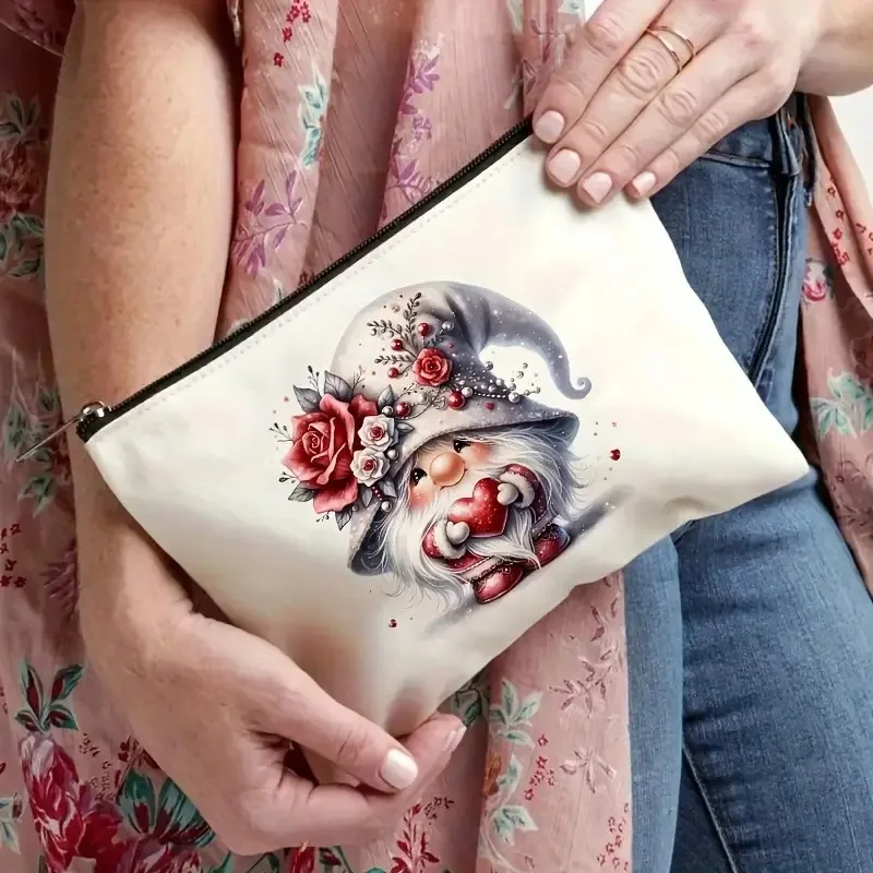 Valentine Gnome Rose Heart Cosmetic Bag Floral Gnome Art Print Zipper Pouch Women Portable Travel Makeup Storage Bag