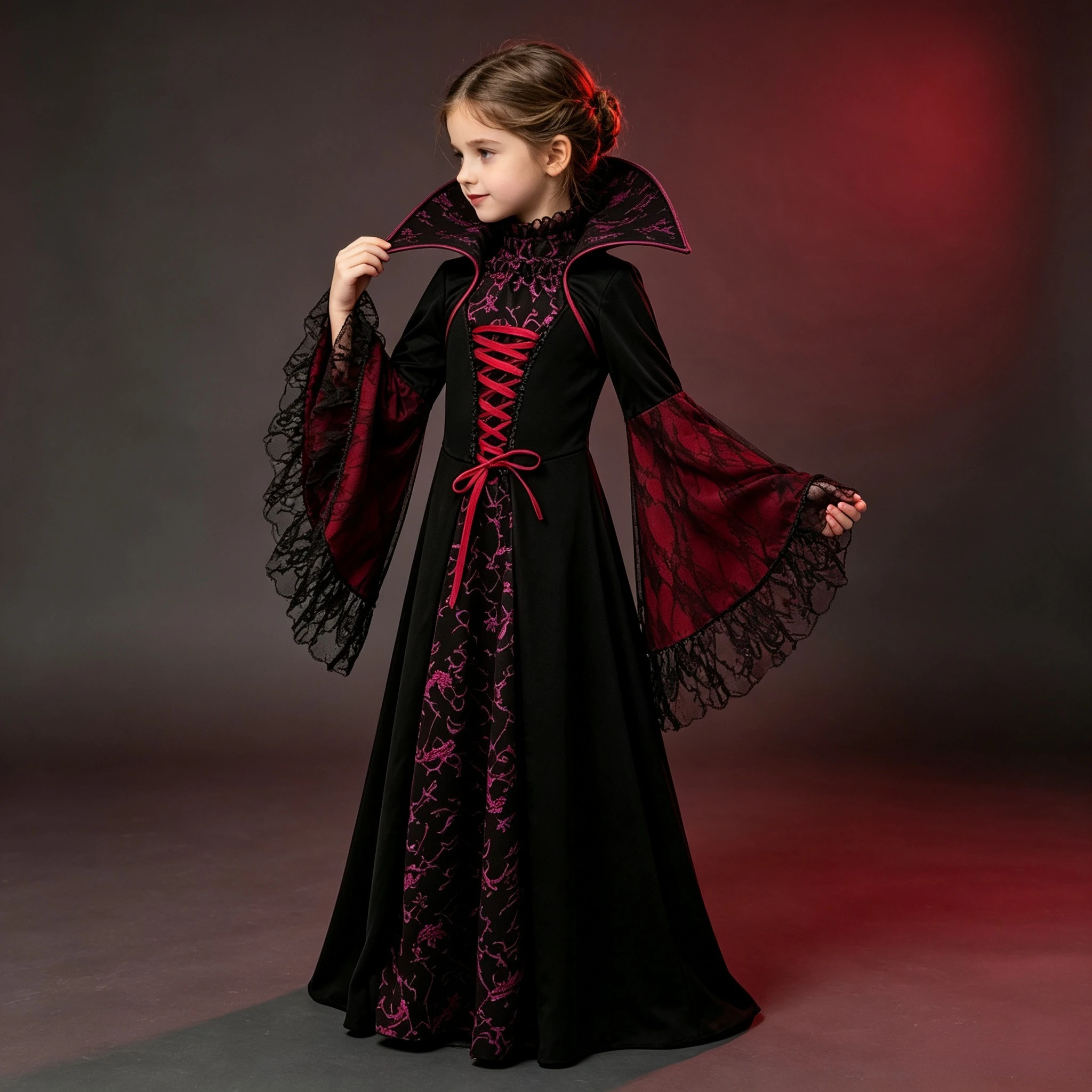 Mädchen-Vampir-Königin-Kostüm, Schwarz-Rot, Vintage-Langes Kleid mit Stehkragen und ausgestellten Ärmeln für Halloween, Karneval, Cosplay – Detail 7