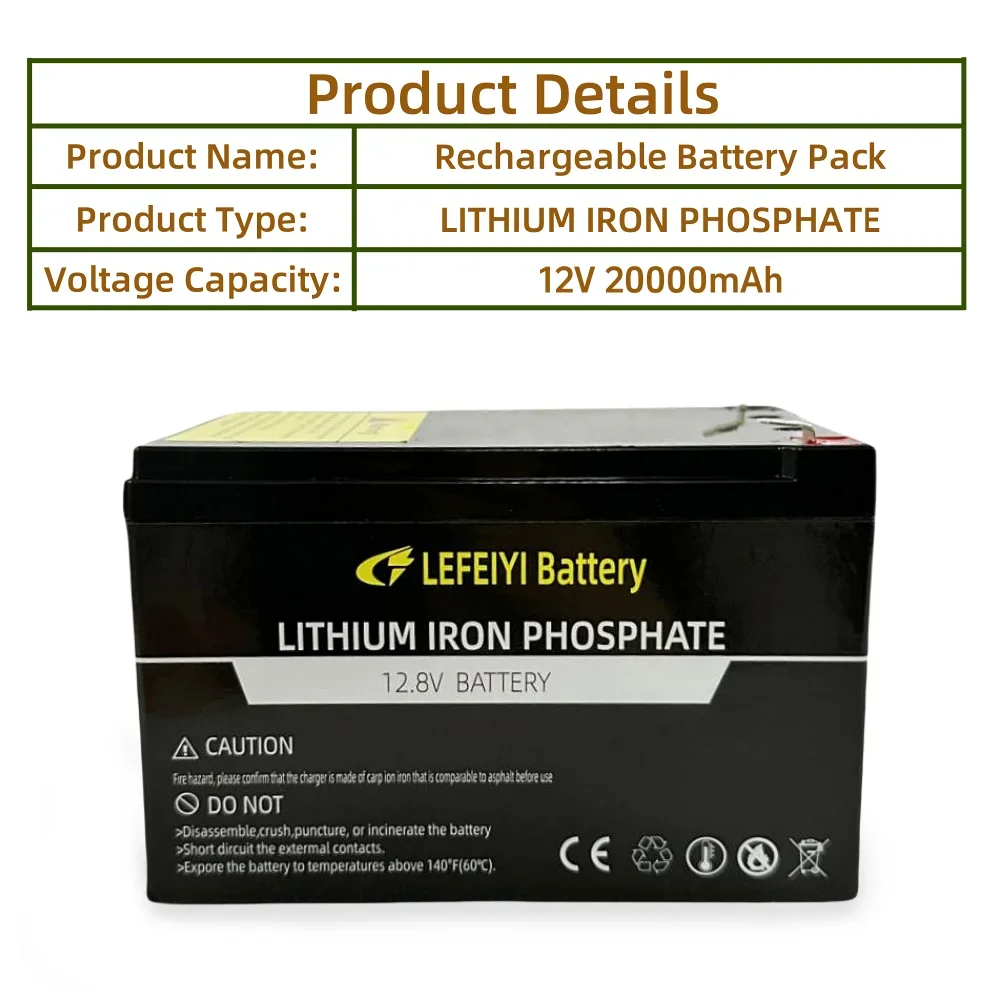 12V 20Ah Rechargeable LiFePO4 Battery Pack 20000mAh For Electric sprayer, children's toy car, solar street lights, emergency lig