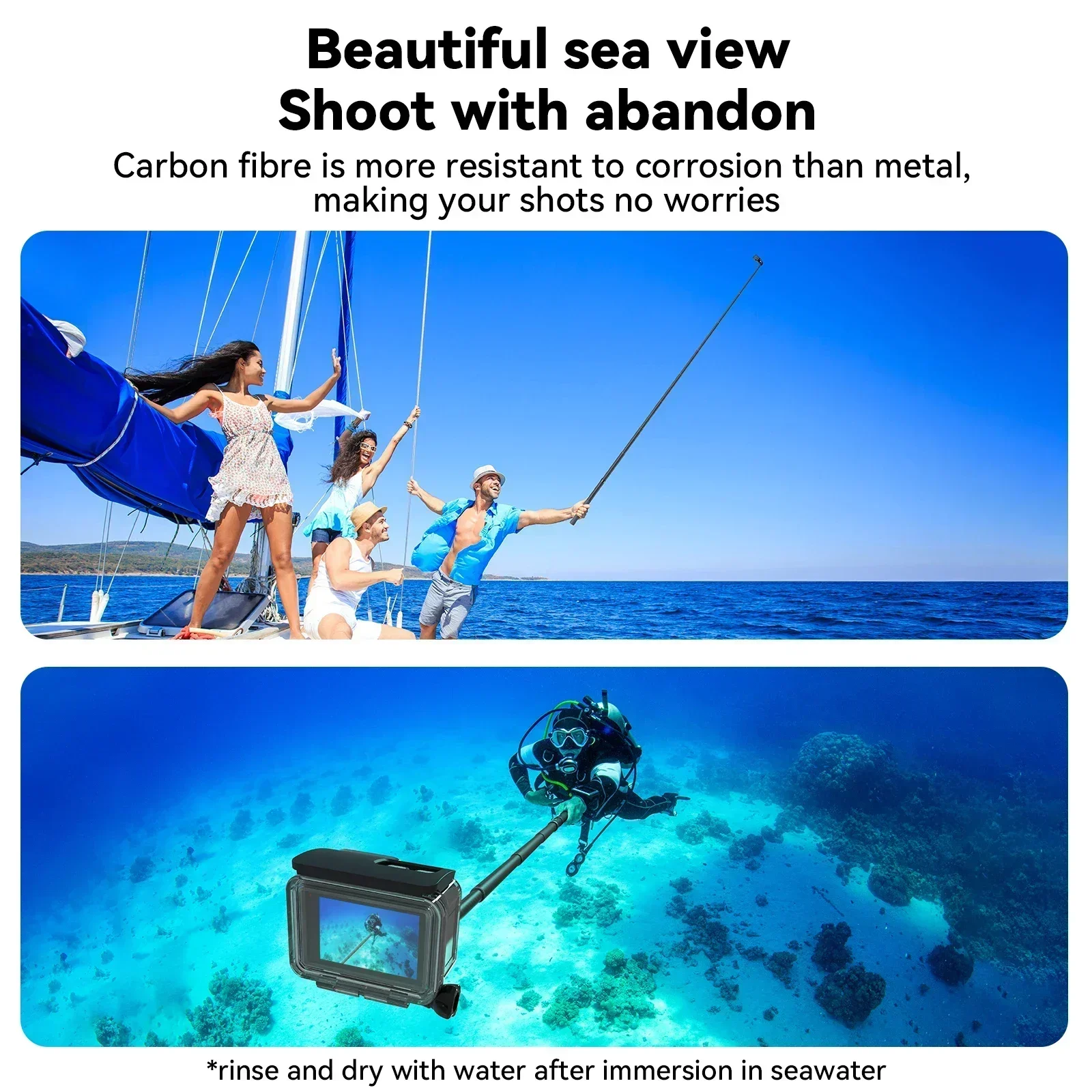 Палка для селфи Telesin 1,2 м 3 м из углеродного волокна для Gopro Hero13 12 11 10 9 DJI Action 5 4 3 Insta360 Водонепроницаемый легкий монопод