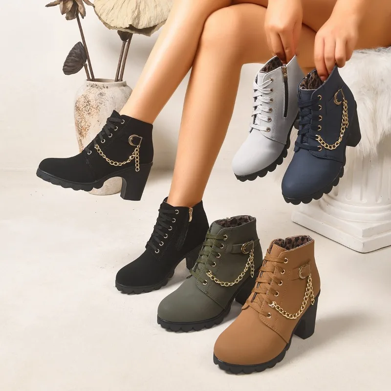 Spring Autumn Fashion Metal Chain Decor Round Toe Women's Ankle Boots 2026 New Solid Color Side Zipper Casual Women Short Boots
