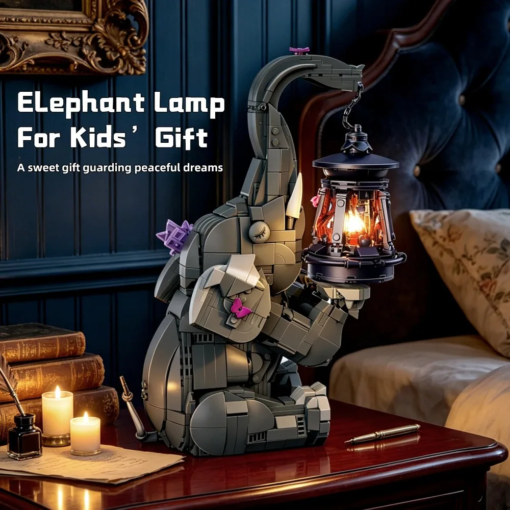 Elephant Building Blocks Lamp Creative DIY Bricks Elephant Desk Night Light Butterfly Decor Animal Model Toy Gift for Adults