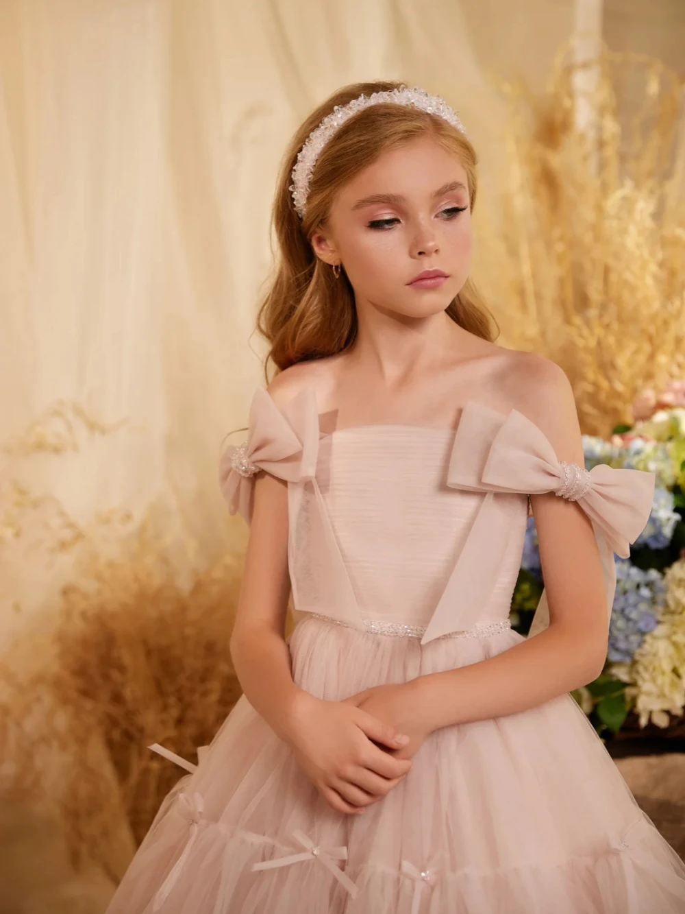 2026 Newest Pink Bow Tulle Long Girls Dresses Children's Day Performance Wear Sparkly Beaded A-line Kids Princess Gown On Sale