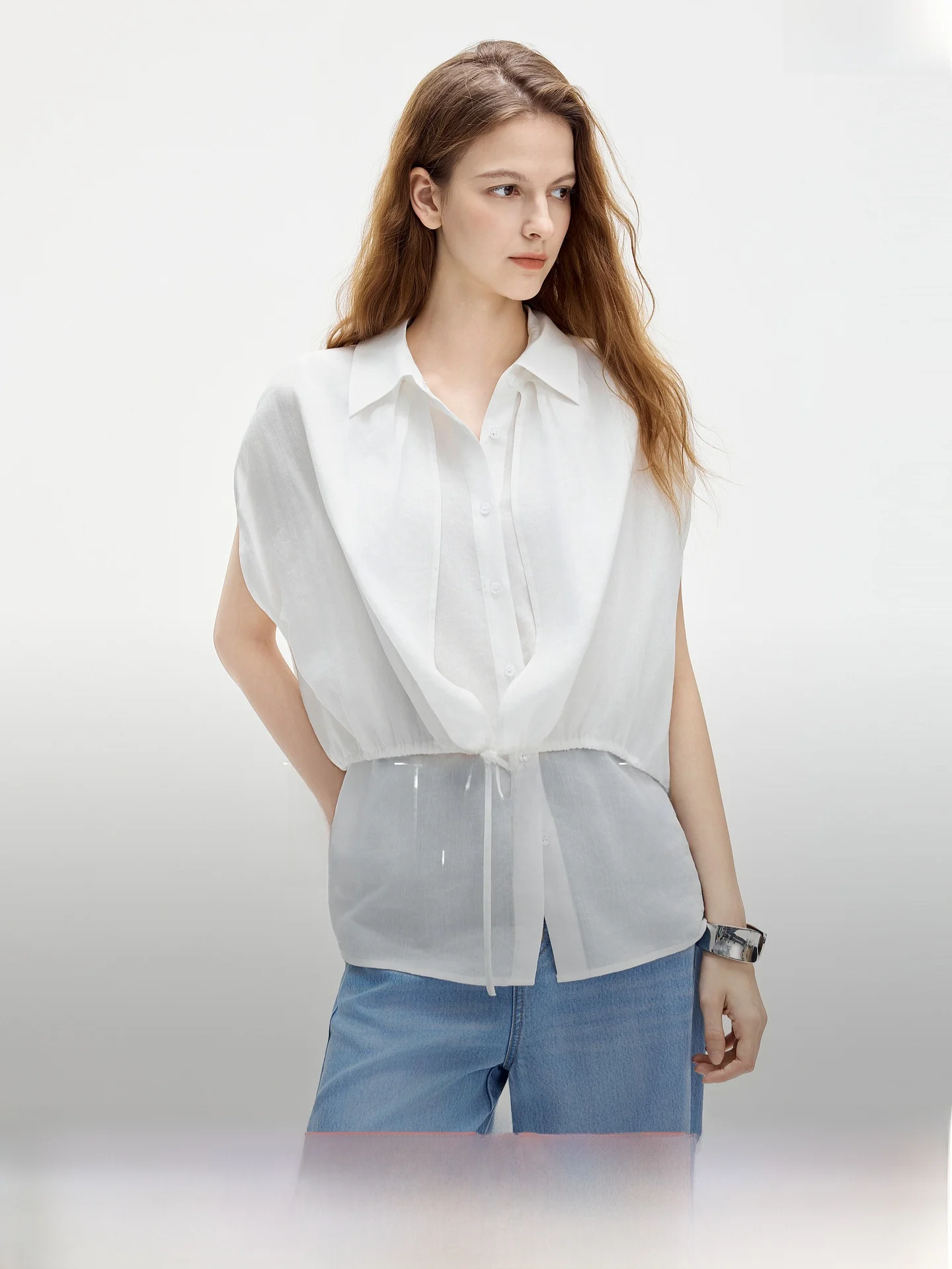 

ELLE Women's Casual Loose Summer Shirt Splicing Commute Style Sleeveless Thin Fabric Regular Length Zipper Closure