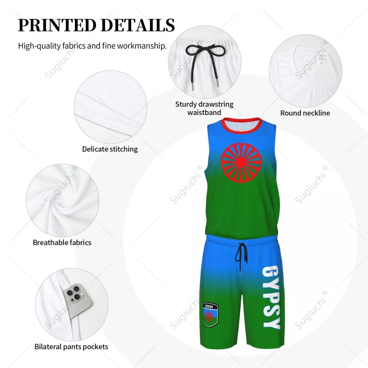 Homens Rom Gypsy Bandeira de The Romani Basketball Jersey Set, camisa de malha, calças, sem mangas, exclusivo Team-up, nome personalizado Nunber, unissex