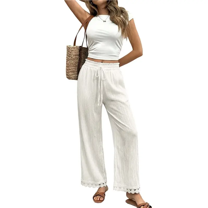 

CYL-Women's Wide Leg Beach Pants Elastic Waist Casual Flowy Palazzo Lounge Trousers