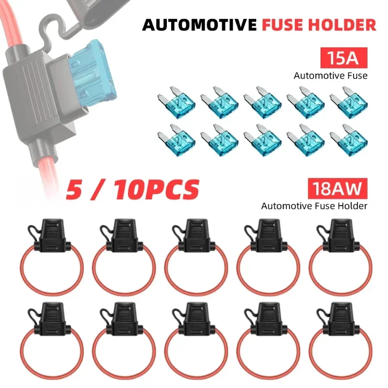 5/10pcs Car Fuse Holder Waterproof Mini Blade Adapter Splash-proof Box for Cutoff Switch Socket 18 AWG Wires with 15A Fuse Kit