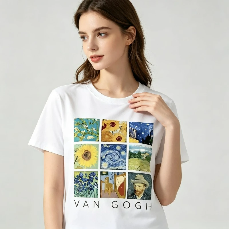 VAN GOGH 9 Grid Classic Paintings Graphic 100% Cotton Famous Art Print Tee Women Casual Daily Holiday Party Streetwear Tops