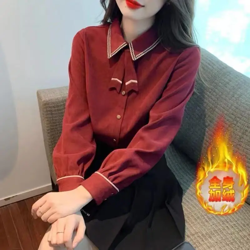 

2025 fall spring women embroidery wine red beige full sleeve bow top shirt , woman sweet ladies vintage tops shirts