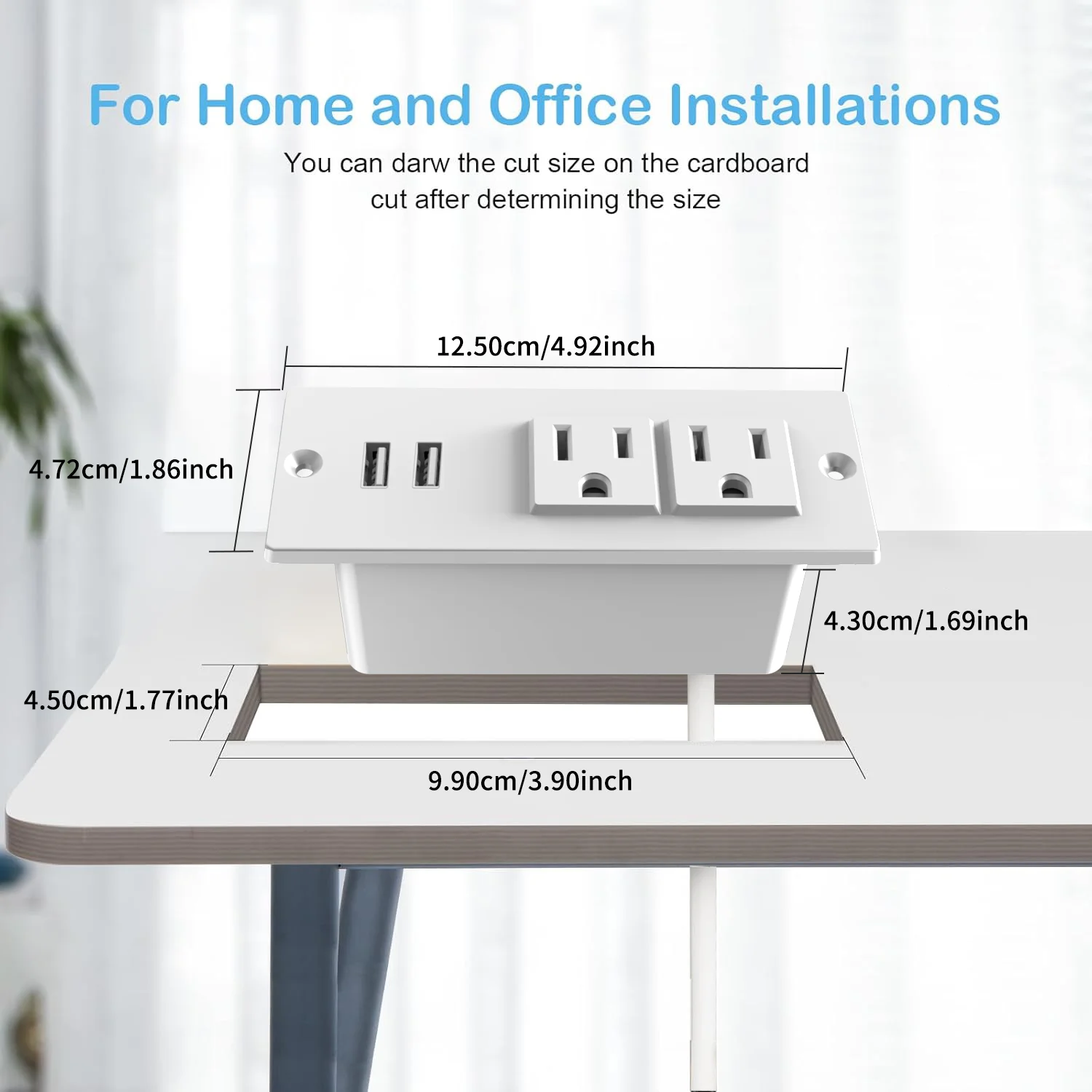 Mini Embedded Recessed Power Strip 2 AC Outlets 2 USB-A (5V 2.1A) 1.5m Extension Cord Desktop Charging Station for Home Office