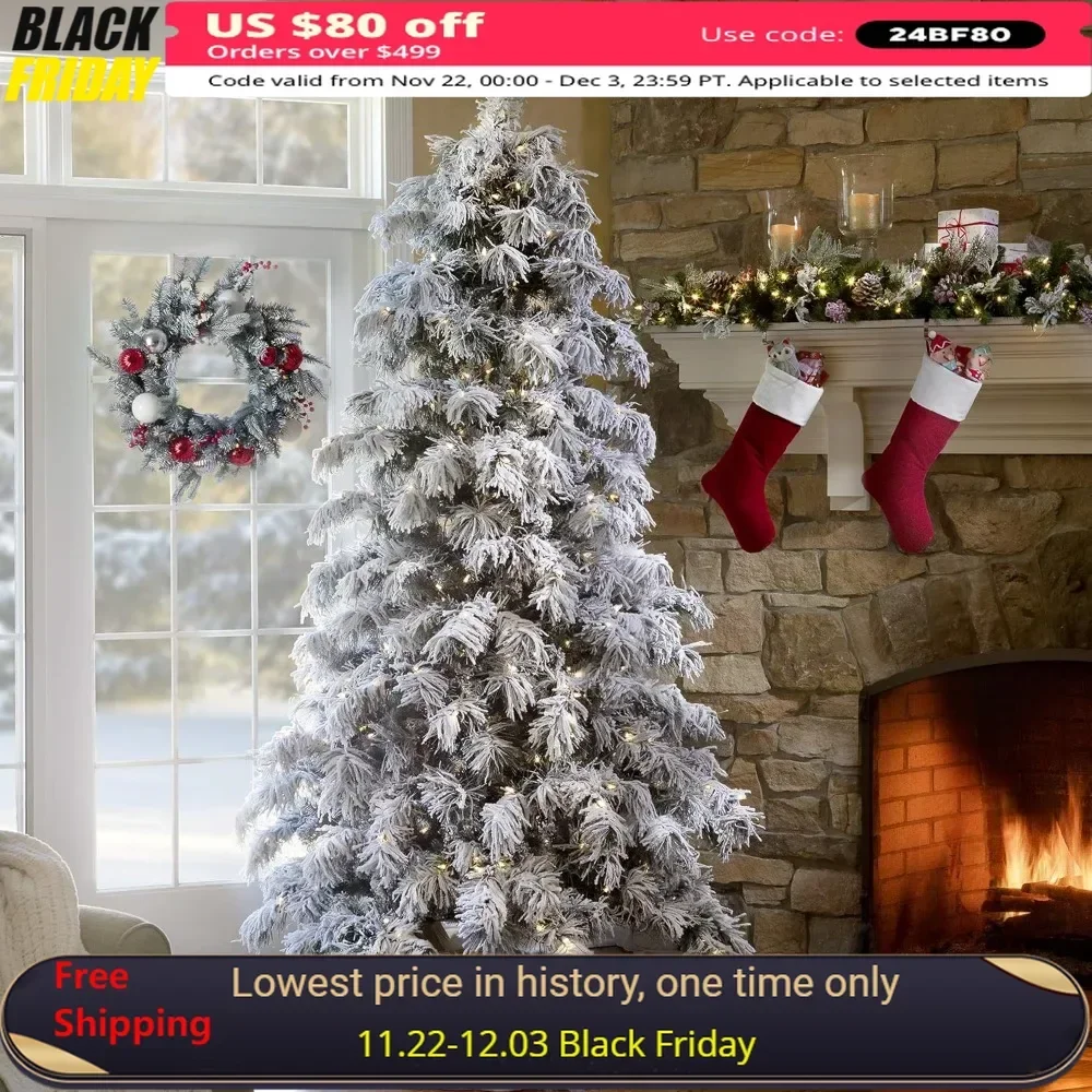 

7.5 Foot Artificial Snowy Spruce Christmas Tree with 600 Warm White LED Lights and 54-inch Diameter, Hinged Branches