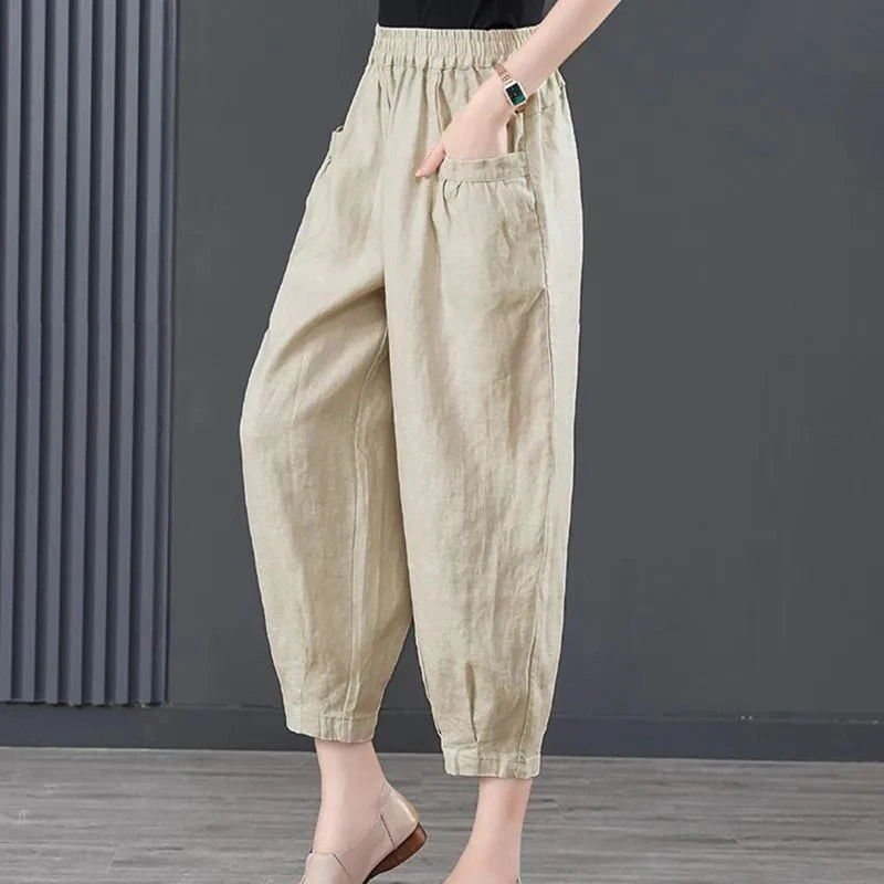 Women\'s 2024 Summer Fashion Solid Color Elastic High Waist Lantern Pocket Loose Band Mouth Ice Silk Cotton Linen Harlan Pants