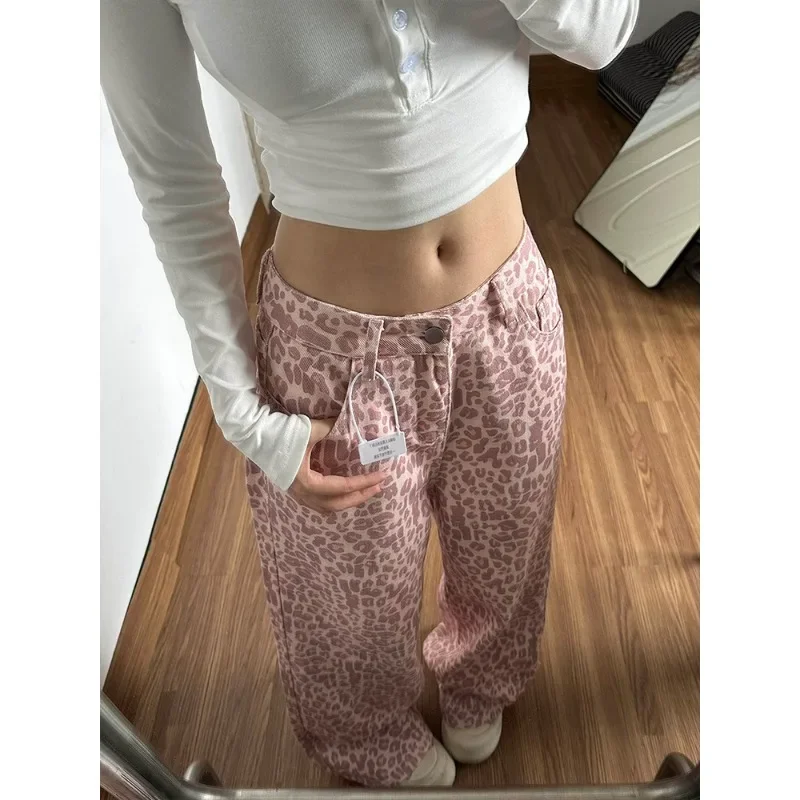 Pink Leopard Print Wide Leg Jeans Women Summer 2026 Loose Slimming Drapey Floor-Length Straight