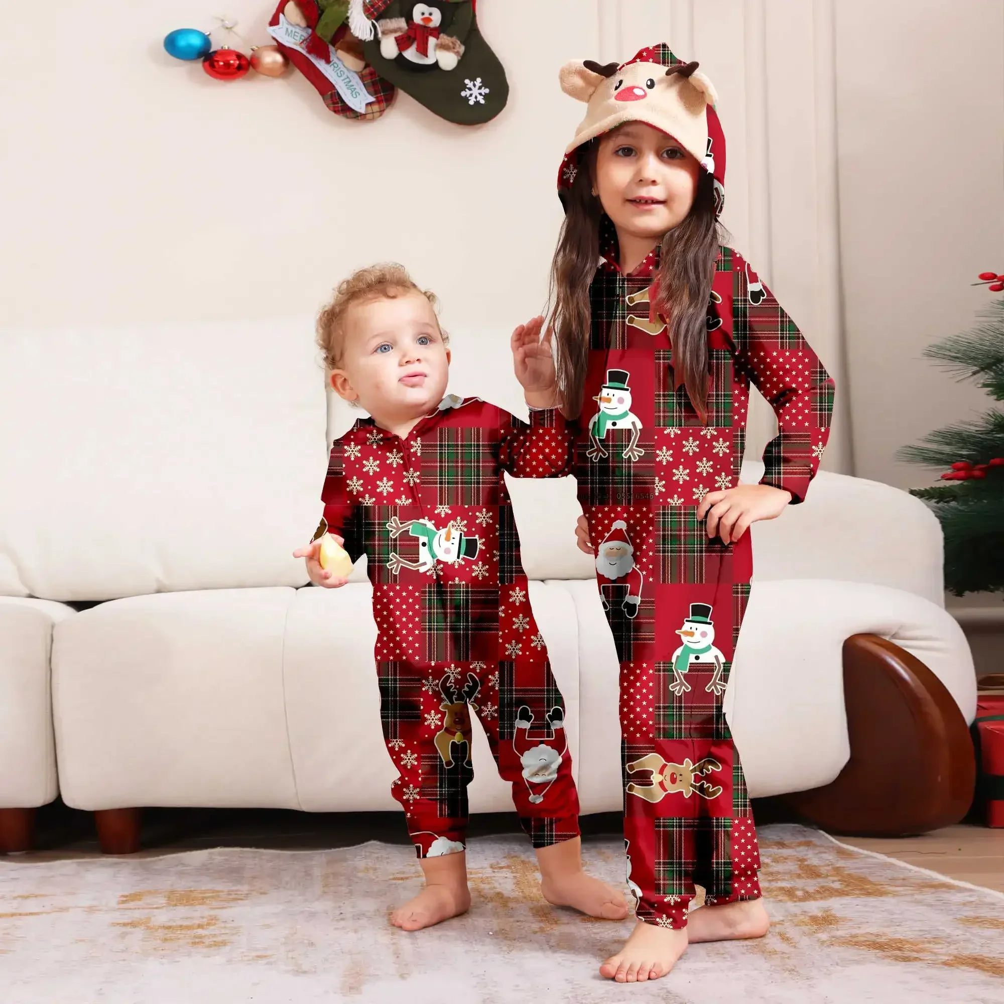 الشتاء 2024 الكرتون لطيف كل انحاء طباعة عيد الميلاد منامة مجموعة سستة الأيائل الأذن مقنعين بذلة قطعة واحدة رومبير عيد الميلاد الأسرة نظرة