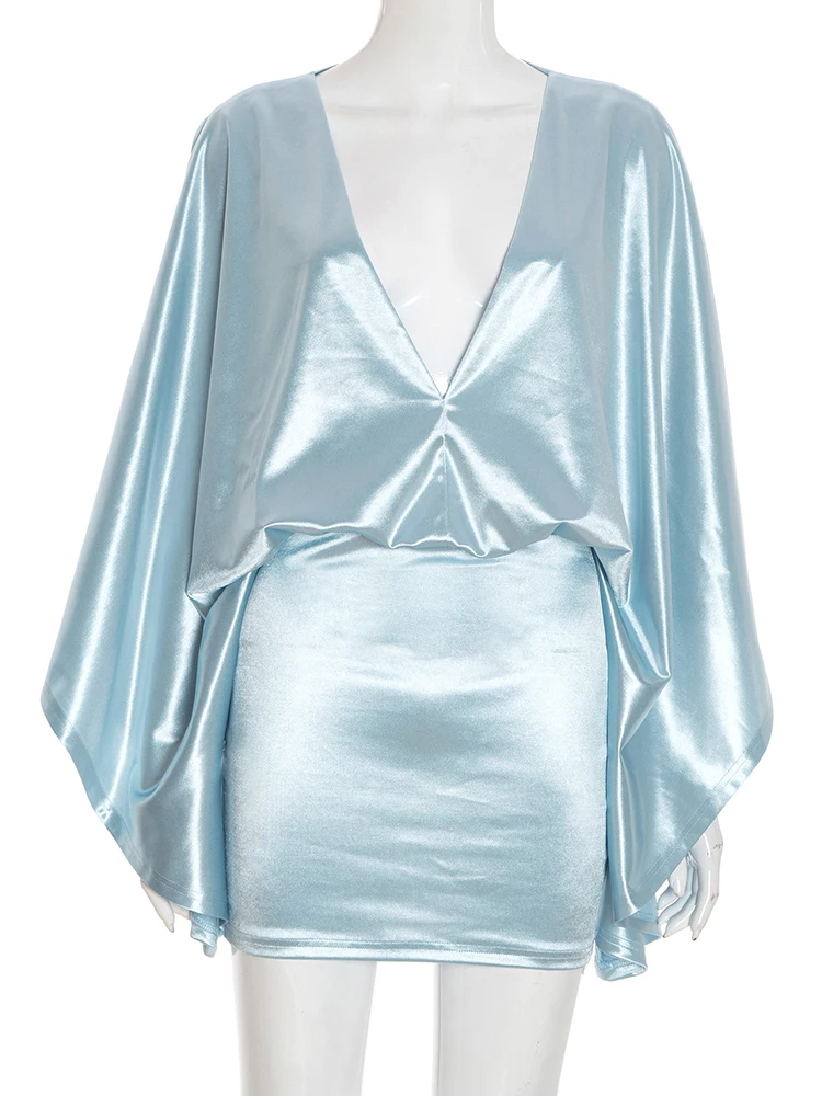 Weird Puss Sexy Classic Satin Dress Women Y2K Elegant Peach Hip v-Neck Bat Sleeves Birthday Party Clubwear Skinny Mini Bodycon