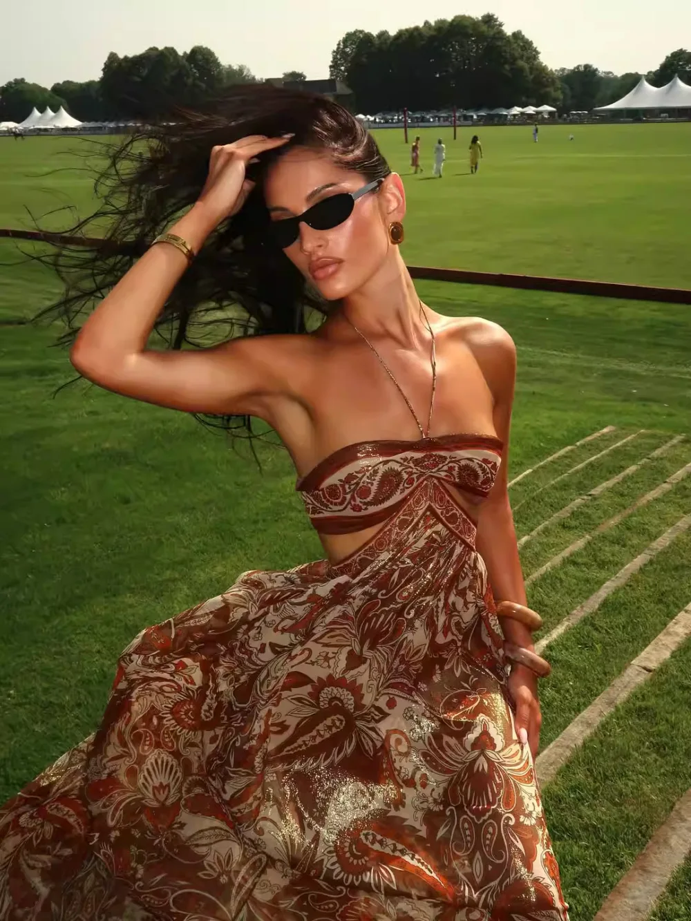 

2026 Spring and Summer New French Retro Printed Hanging Neck Dress for slimming, strapless, backless vacation long dress
