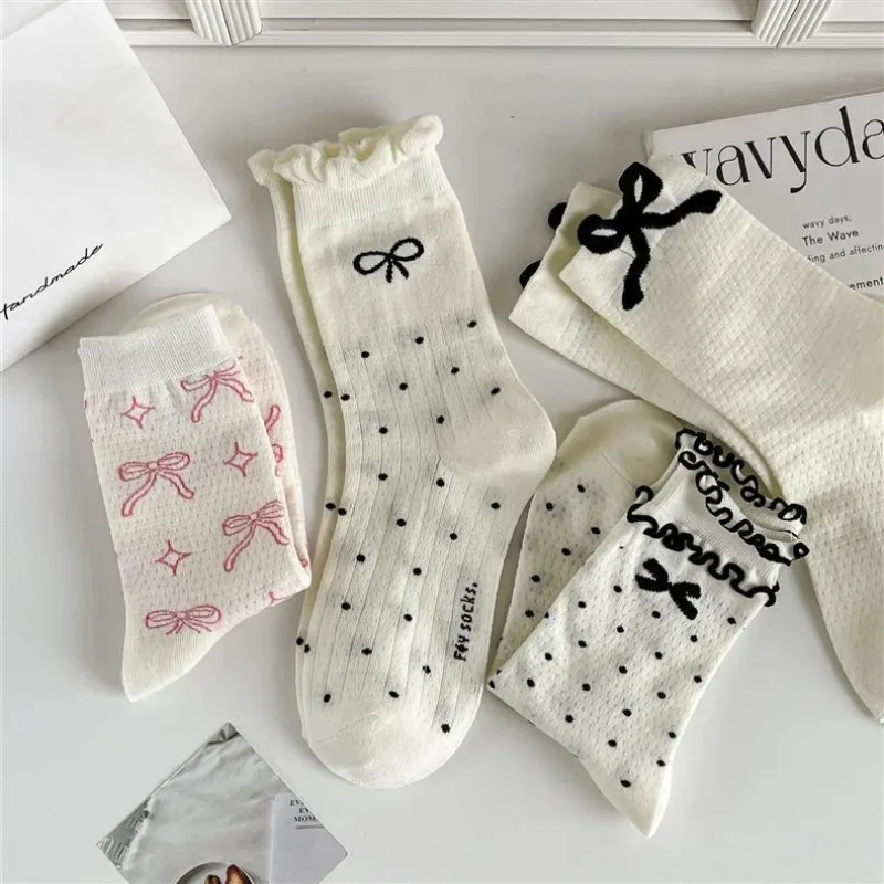 Women Cute Kawaii Bowknot Cotton Socks Designer Ruffle-edge Crew Sock Japanese Ballet Style Polka Dot Ins Trendy Pile Socks