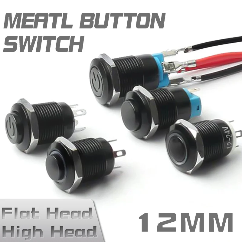 12mm Black Push Button Switch  Waterproof illuminated Led Light  Momentary Latching Switches With Power Mark 5V 12V 24V 220V