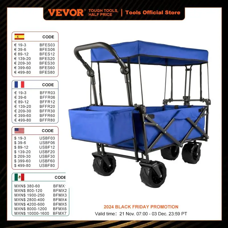 VEVOR Folding Wagon Cart W/ Adjustable Handle Bar Removable Canopy Oxford Cloth Collapsible Shopping Outdoor Camping Beach Cart