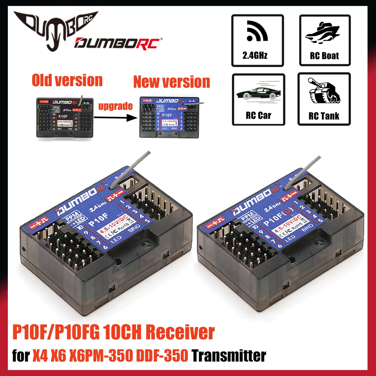 DUMBORC P10F P10FG 10CH 2.4GHz Odbiornik z Funkcją Powrotu Napięcia dla Nadajnika DDF-350 X6PM-350 X6 X4 Samochód RC Pojazd Terenowy Crawler Czołg Łódź