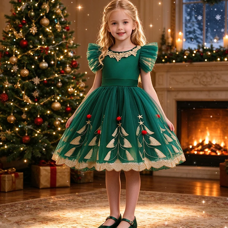 Girls Festival Dress Green Cute Tree Mesh Fashion Gown Christams Girls Princess Dress Party Costumes 2 3 4 6 8Years Kids Clothes