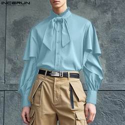 INCERUN 2025 Handsome Men Tops Stylish Deconstruction Design Tie Ruffled Edge Shirts Male Solid Well Fitting Long Sleeved Blouse