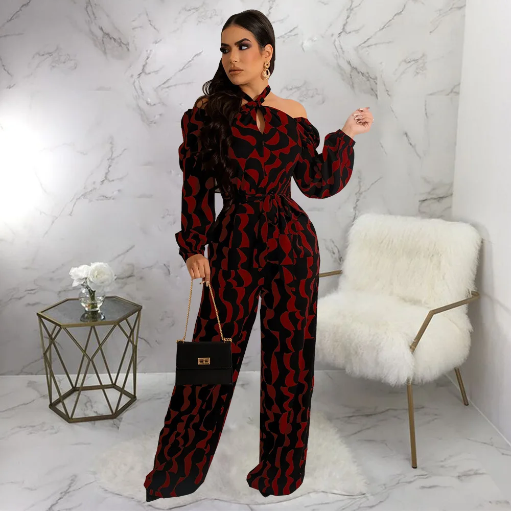 Women Printed Long Sleeve Halter Jumpsuit with Belt Women Rompers One Piece Overalls Night Club Outfits