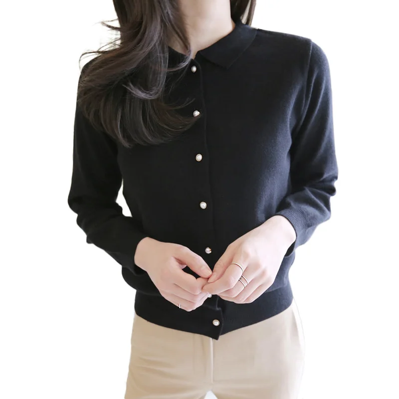 Cropped Cotton Button Up Polo Collar Cardigan Sweater Black