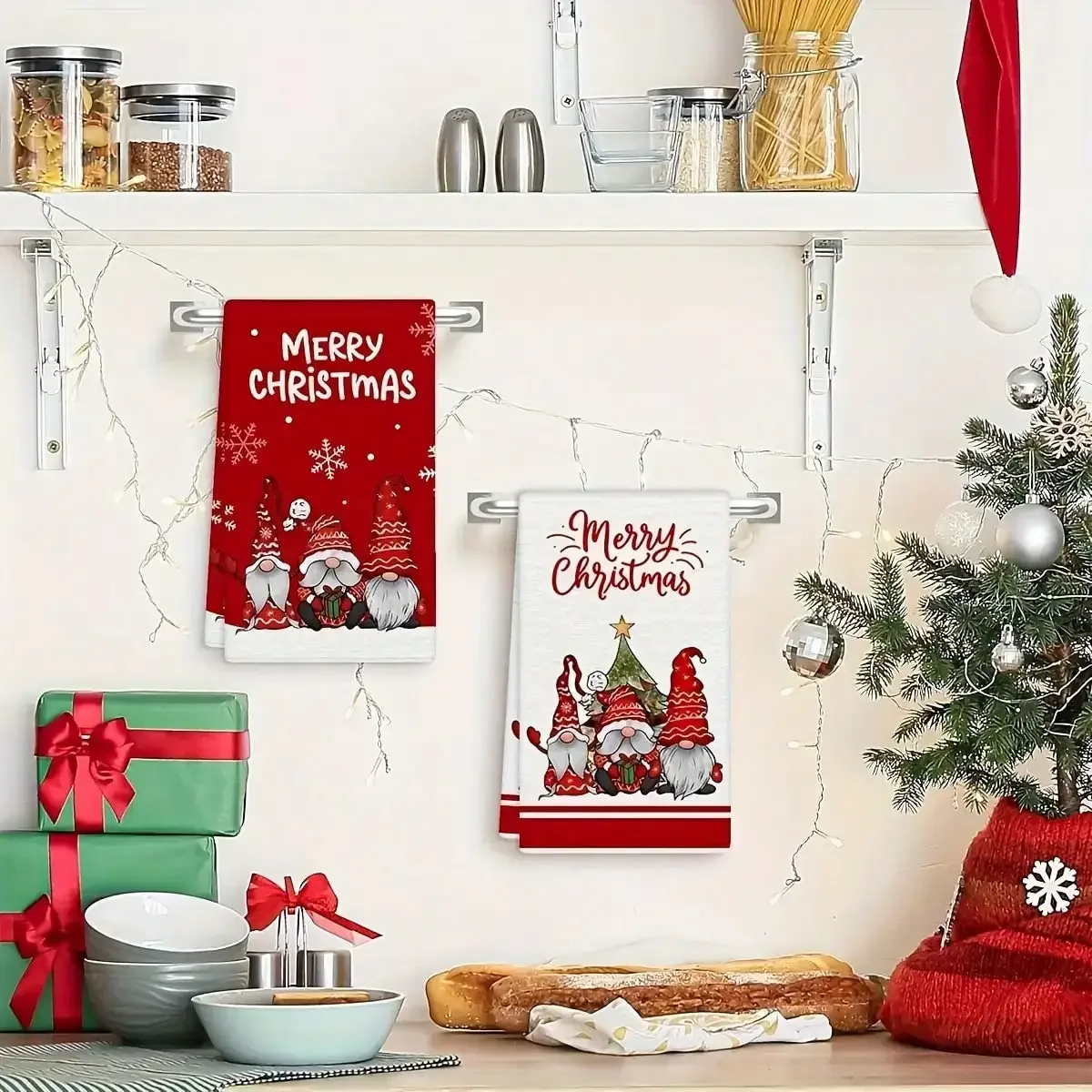 2pcs Red & White Christmas Hand Towels With Cute Gnome & Snowflake Patterns, 